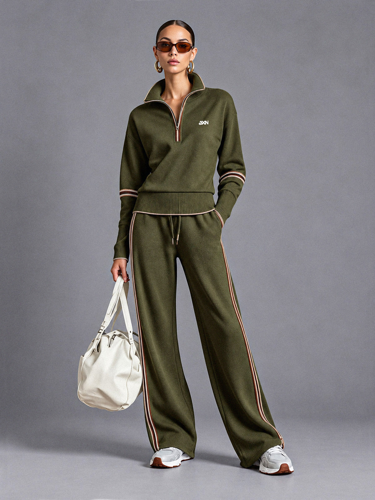 Luxe Half Zip Tracksuit in Green – women's half zip sweatshirt & wide leg pants set