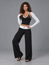 Luxe Halter 3 Piece Set in Black White – women's 3 piece halter yoga set