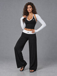 Luxe Halter 3 Piece Set in Black White – women's 3 piece halter yoga set