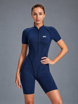 Mira-Zip Active Suit in Navy – women's short sleeve zip jumpsuit