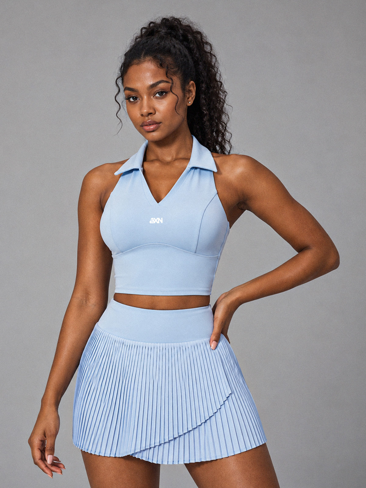 Luxe Collared Crop Top in Blue – women's polo collar sports crop top