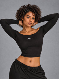 Aria-Off Shoulder Top in Black – women's off shoulder long sleeve yoga top