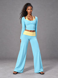 Muse Halter 3 Piece Set in Blue Beige – women's halter flare pants workout set