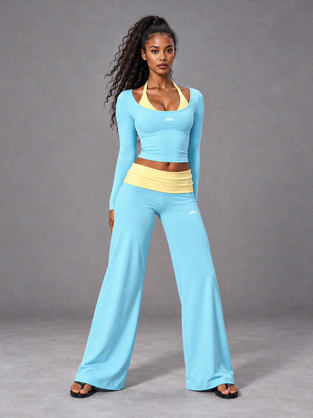 Muse Halter 3 Piece Set in Blue Beige – women's halter flare pants workout set