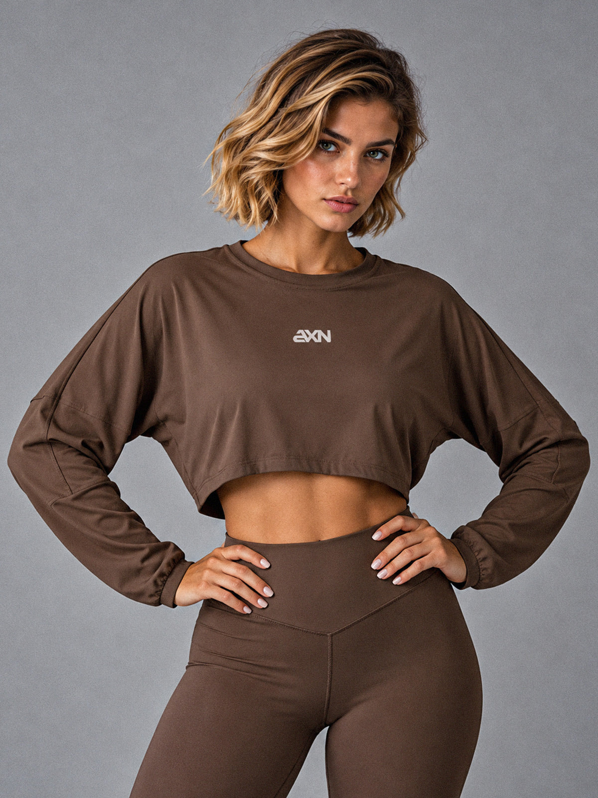 Kaia-O Neck Crop Top in Brown – women's long sleeve sports top
