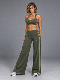 Luxe Layered Sports Set in Green – women's sports bra & wide leg pants set