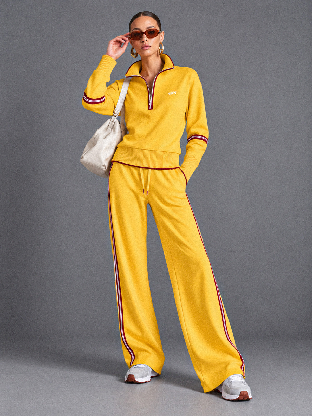 Luxe Half Zip Tracksuit in Yellow – women's half zip sweatshirt & wide leg pants set