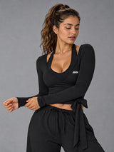 Zara-Wrap Yoga Top in Black – women's wrap long sleeve yoga top