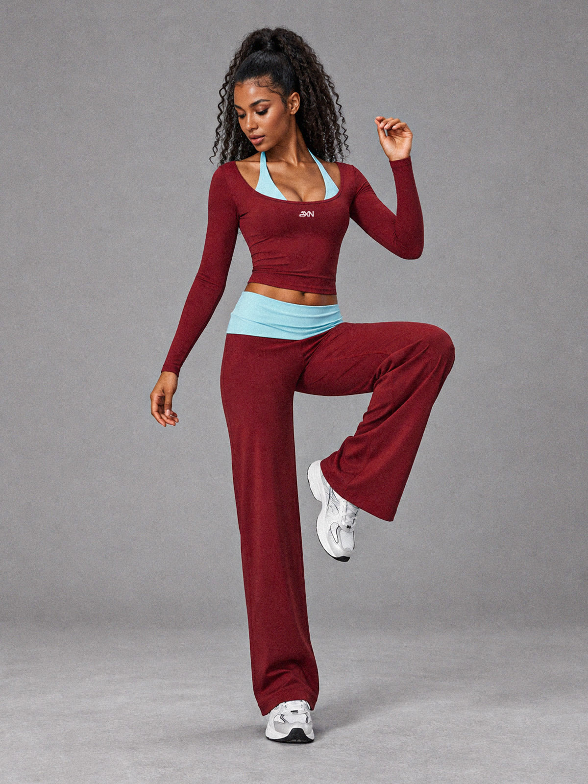 Muse Halter 3 Piece Set in Red Blue – women's halter flare pants workout set