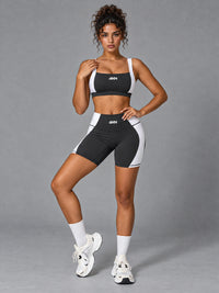 Mira-Edge Active Set in Gray – women's backless bra & biker shorts set