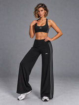 Luxe Layered Sports Set in Black – women's sports bra & wide leg pants set
