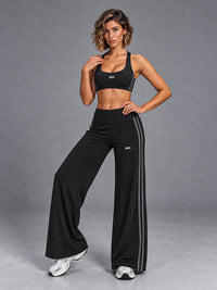 Luxe Layered Sports Set in Black – women's sports bra & wide leg pants set