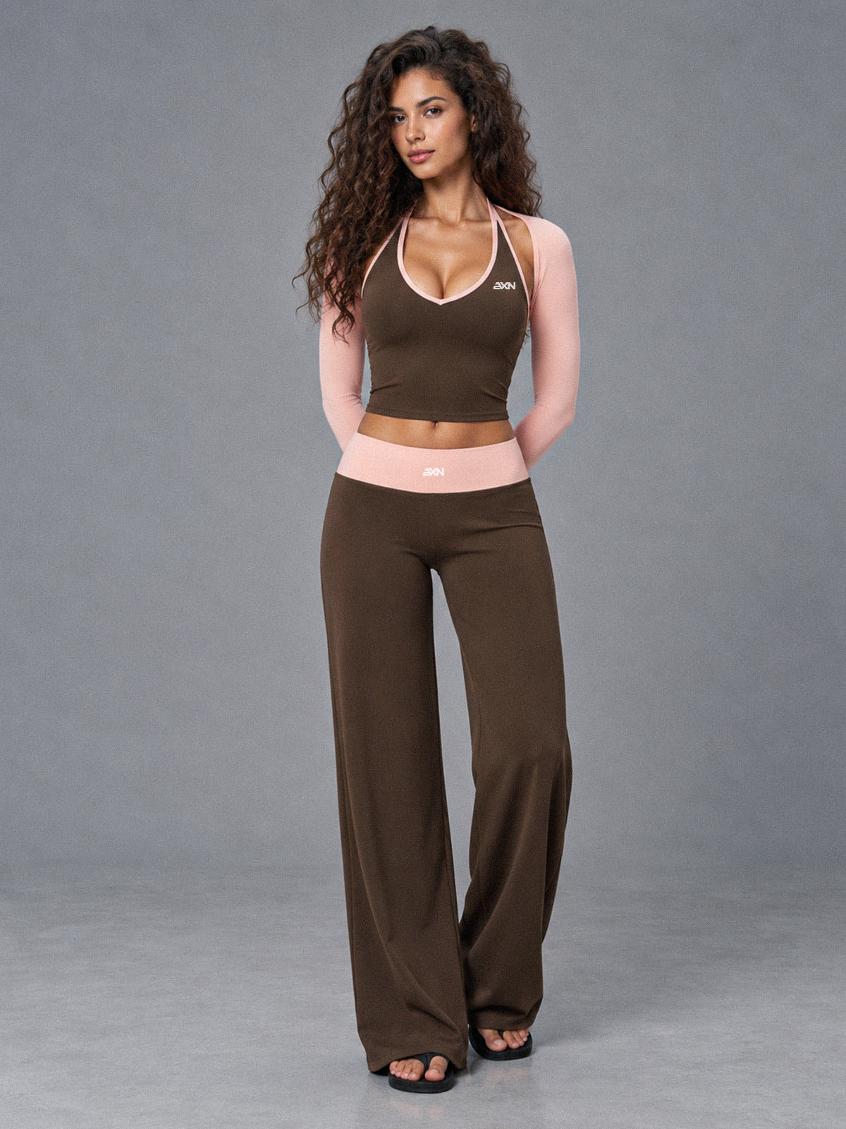Luxe Halter 3 Piece Set in Brown Pink – women's 3 piece halter yoga set