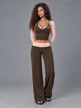 Luxe Halter 3 Piece Set in Brown Pink – women's 3 piece halter yoga set