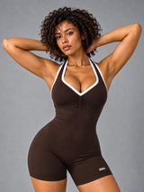 Sculpt Halter Romper in Brown – women's halter yoga romper