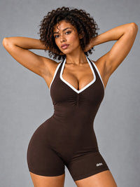 Sculpt Halter Romper in Brown – women's halter yoga romper