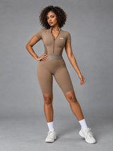 Mira-Zip Fit Jumpsuit in Brown – women's seamless zip yoga jumpsuit