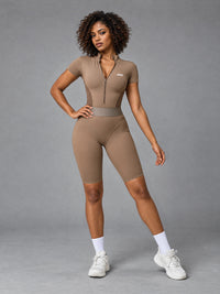 Mira-Zip Fit Jumpsuit in Brown – women's seamless zip yoga jumpsuit