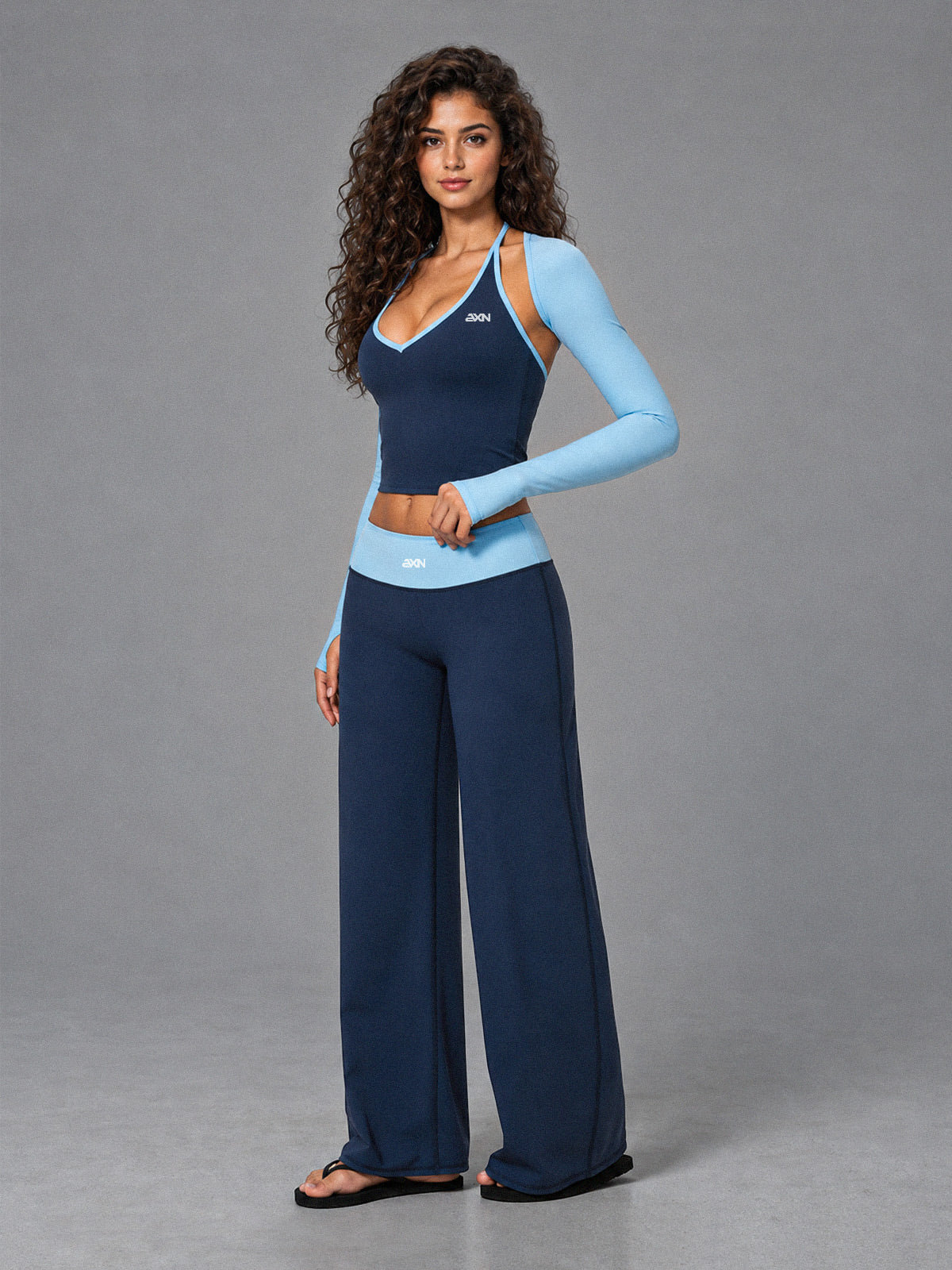 Luxe Halter 3 Piece Set in Blue – women's 3 piece halter yoga set