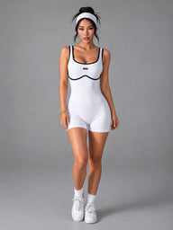 Alina-Ribbed Contour Suit in White – women's color block ribbed bodysuit
