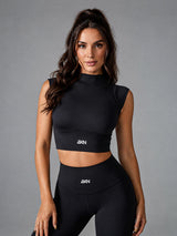 Celia-High Neck Top in Black – women's high neck seamless sports bra