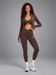 3-Piece Active Set in Brown – women's 3 piece zip jacket & leggings set