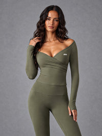 Luxe Off Shoulder Wrap Top in Green – women's off shoulder wrap crop top