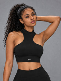 Lina-Asym Cut Top in Black – women's asymmetric halter crop top