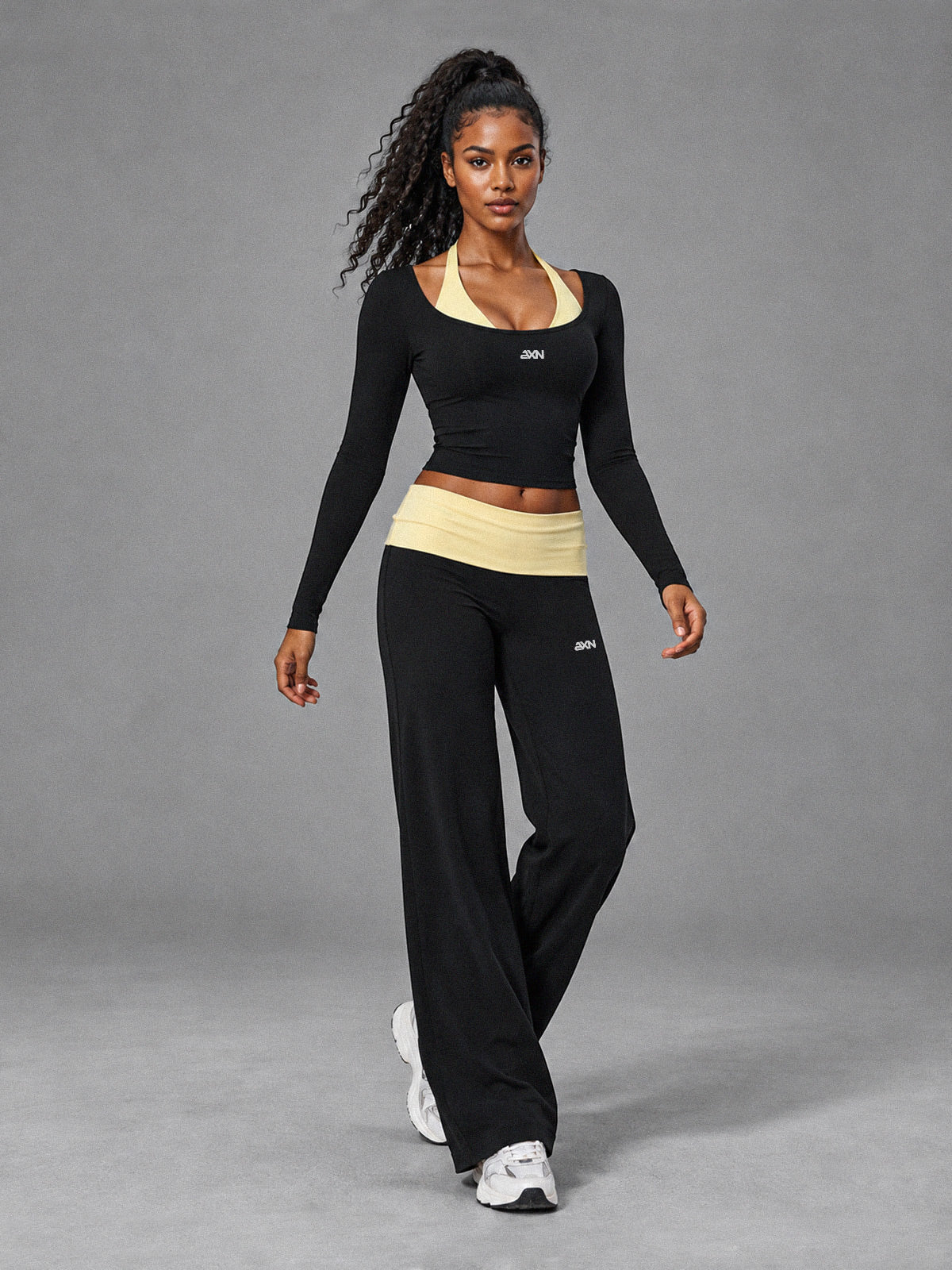 Muse Halter 3 Piece Set in Black Beige – women's halter flare pants workout set