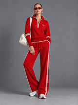Luxe Half Zip Tracksuit in Red – women's half zip sweatshirt & wide leg pants set