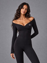 Luxe Off Shoulder Wrap Top in Black – women's off shoulder wrap crop top