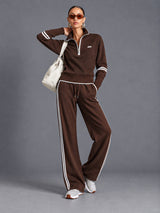 Luxe Half Zip Tracksuit in Brown – women's half zip sweatshirt & wide leg pants set