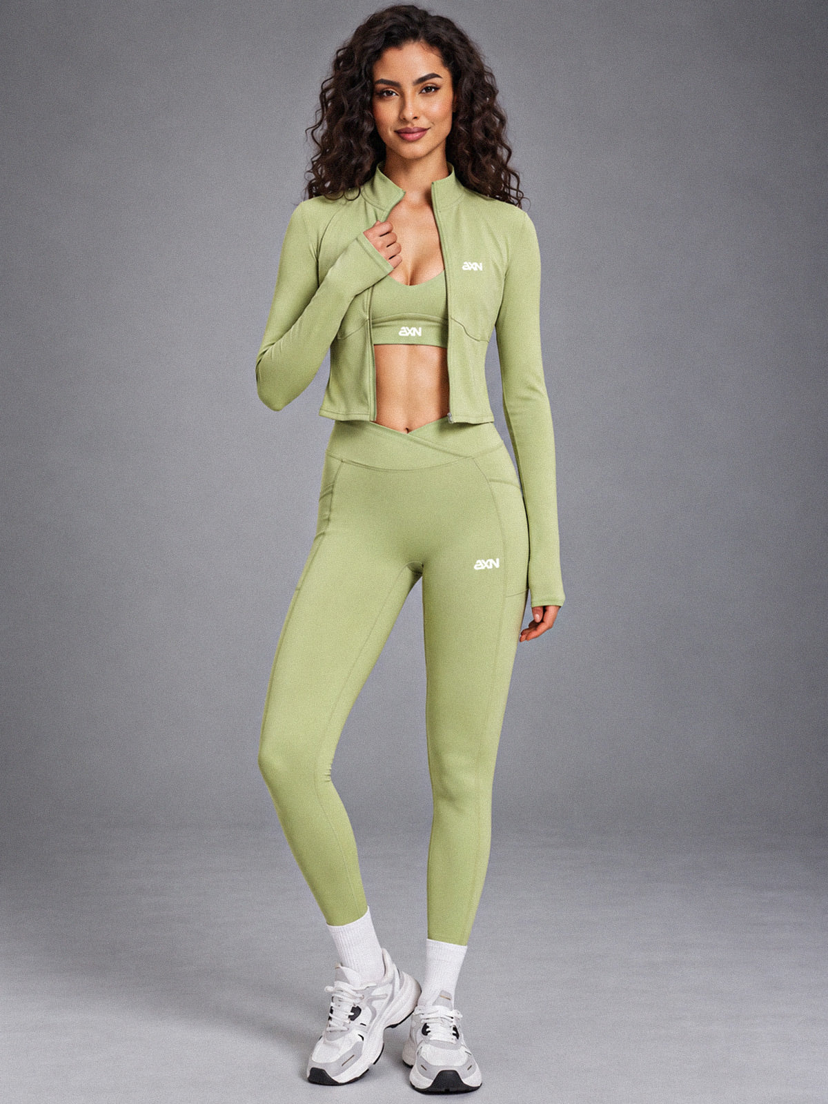 3-Piece Active Set in Green – women's 3 piece zip jacket & leggings set