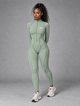 Nora-Zip Sculpt Suit in Green – women's long sleeve zip yoga bodysuit