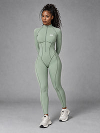 Nora-Zip Sculpt Suit in Green – women's long sleeve zip yoga bodysuit