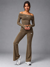 Isla-Elegant Flare Set in Brown – women's long sleeve top & flare pants set