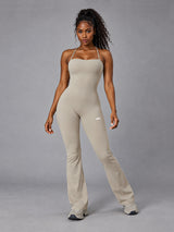 Ayla-Active Suit in Beige – women's backless flare yoga jumpsuit