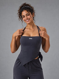 Alia-Strappy Fit Top in Gray – women's asymmetric workout tank top