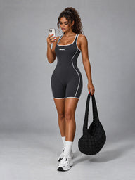 Kira-Edge Line Suit in Gray – women's backless halter workout romper