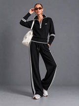 Luxe Half Zip Tracksuit in Black – women's half zip sweatshirt & wide leg pants set