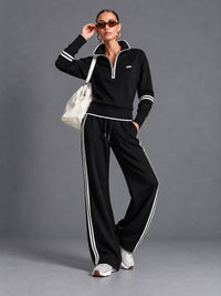 Luxe Half Zip Tracksuit in Black – women's half zip sweatshirt & wide leg pants set