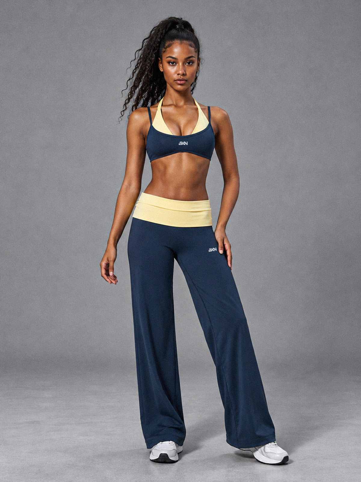 Muse Halter 3 Piece Set in Navy Beige – women's halter flare pants workout set
