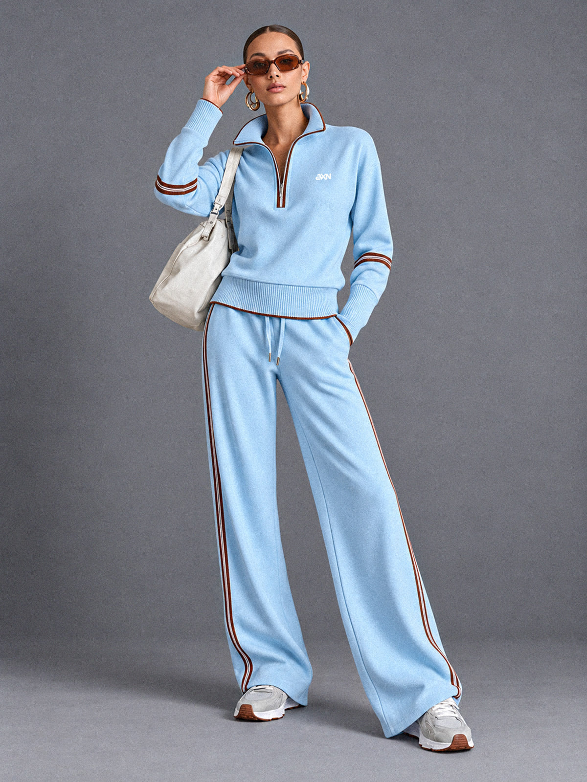 Luxe Half Zip Tracksuit in Blue – women's half zip sweatshirt & wide leg pants set