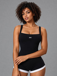 Sculpt Square Neck Romper in Black – women's square neck yoga jumpsuit