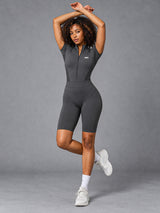 Mira-Zip Fit Jumpsuit in Gray – women's seamless zip yoga jumpsuit