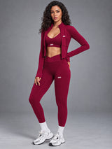 3-Piece Active Set in Burgundy – women's 3 piece zip jacket & leggings set