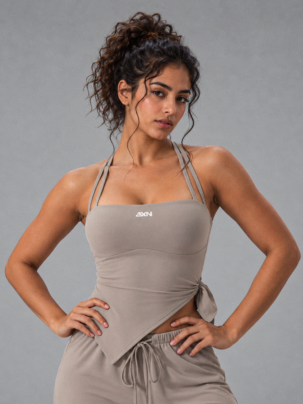 Alia-Strappy Fit Top in Khaki – women's asymmetric workout tank top
