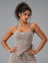 Alia-Strappy Fit Top in Khaki – women's asymmetric workout tank top