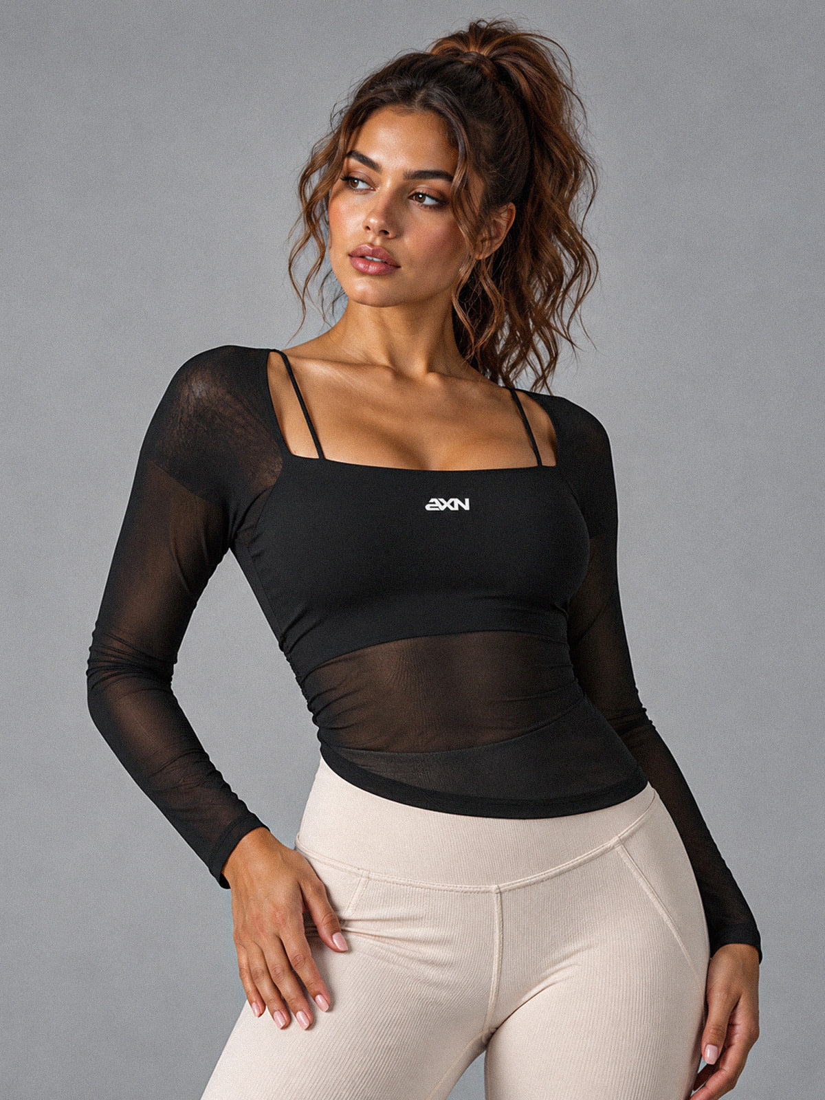 Ines-Breathe Long Top in Black – women's mesh long sleeve yoga top