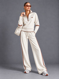 Luxe Half Zip Tracksuit in White – women's half zip sweatshirt & wide leg pants set
